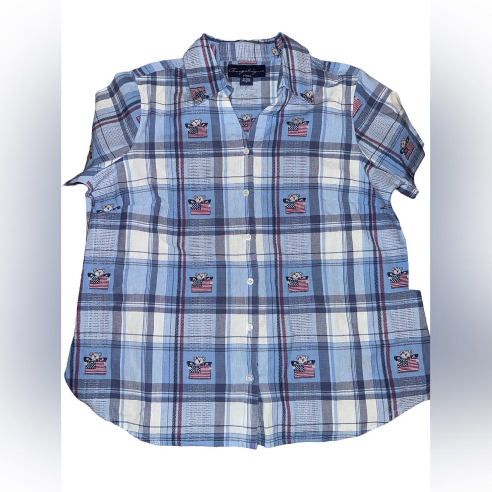 Angelique Shirt American Flag Bear July 4th Button Up Women’s Size 1X Blue nwt